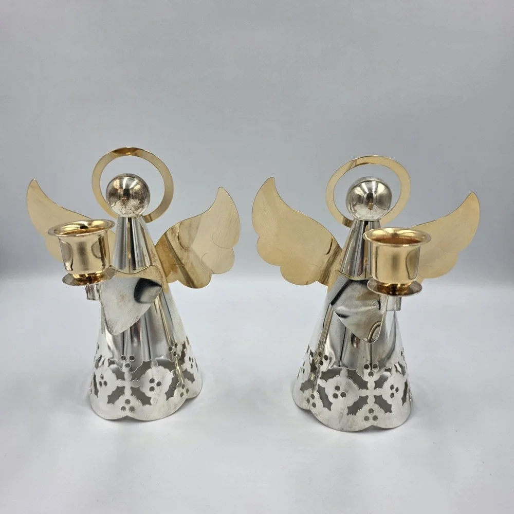 Vtg Internatial Silver Silverplate & Brass Angels‎ Holly Candlestick Holders 6